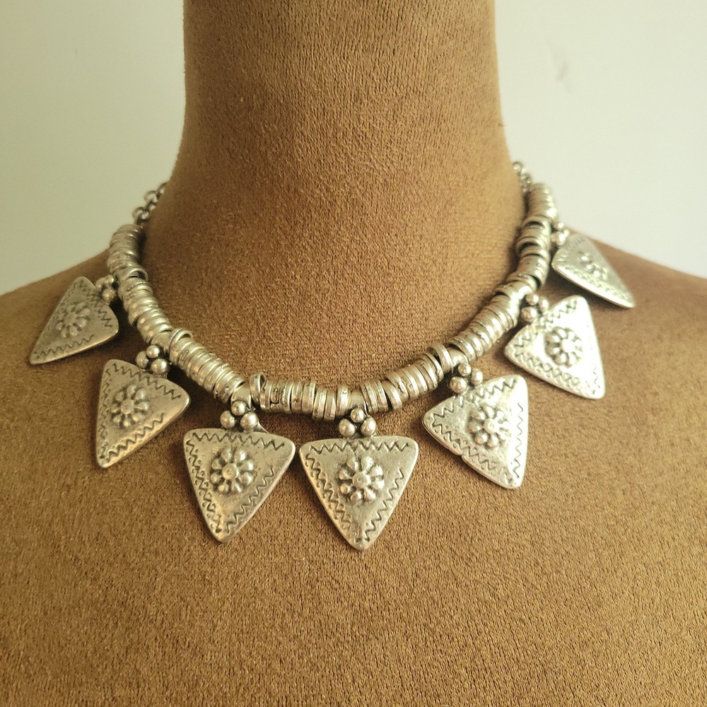 Silver Tone Tribal Triangle Charm Coin Choker Necklace Adjustable Size EthnoCore